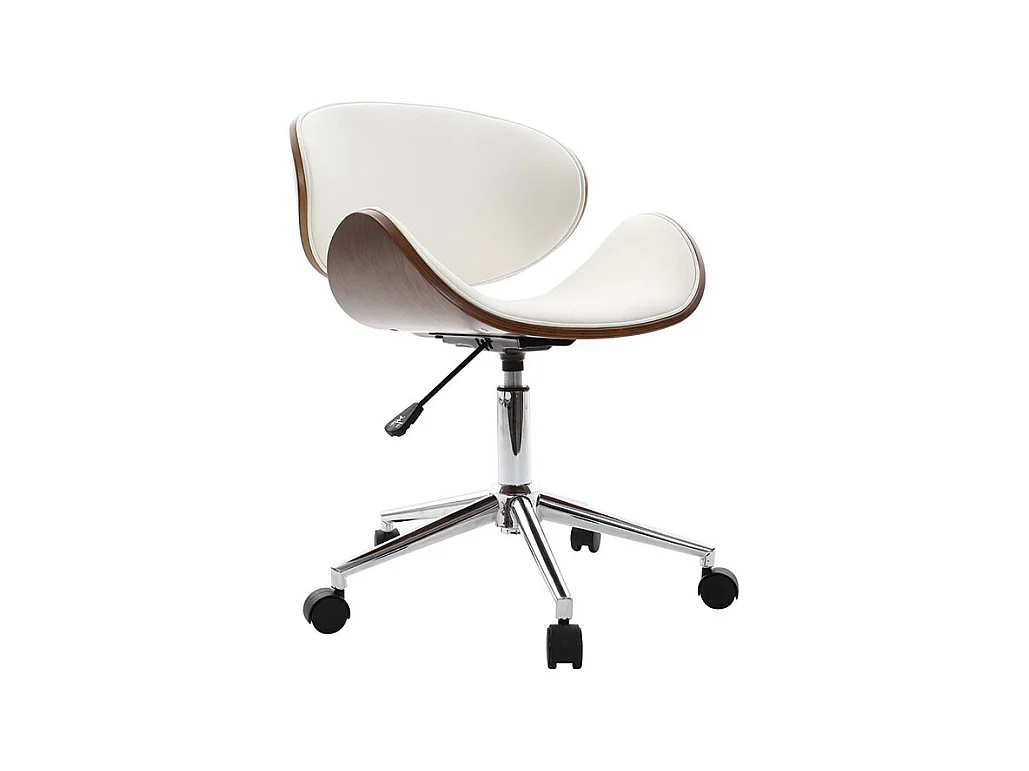 Chaise de bureau à roulettes design blanc, bois foncé noyer et acier chromé WALNUT