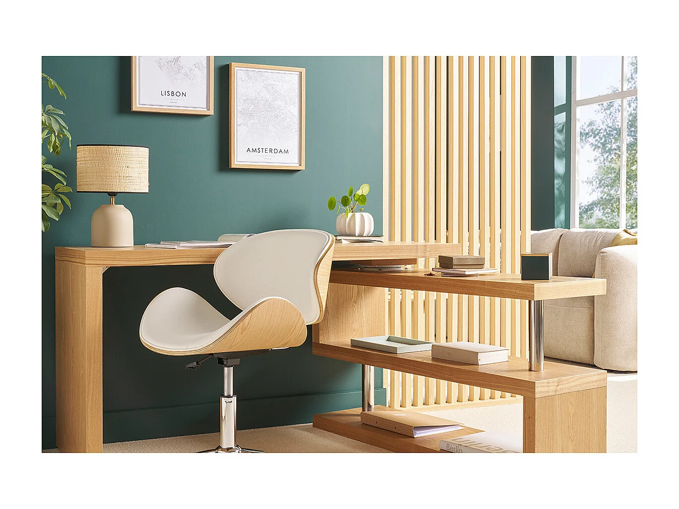 Design-Bürostuhl PU Weiß und helles Holz WALNUT