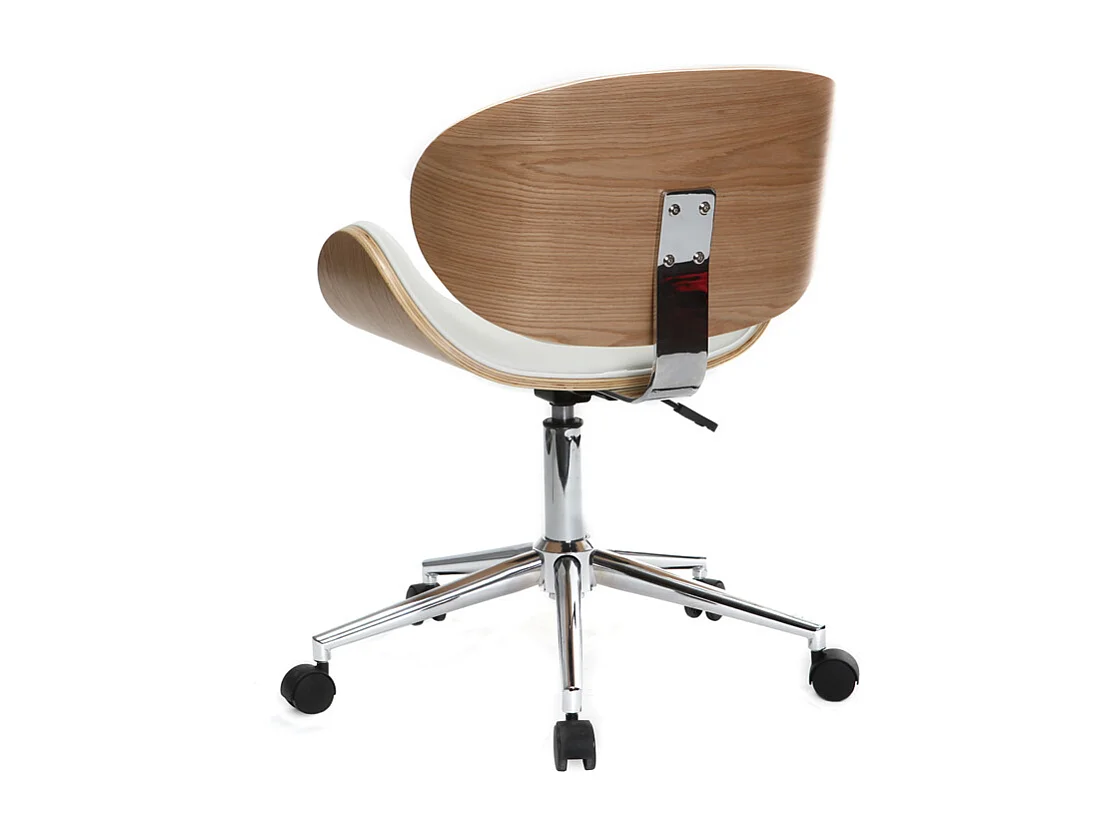 Chaise de bureau à roulettes design blanc, bois clair et acier chromé WALNUT