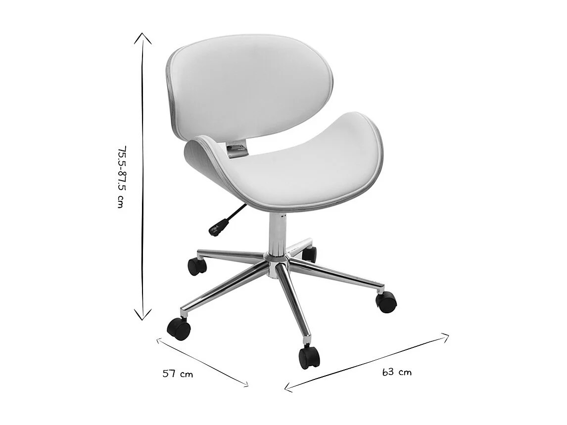 Chaise de bureau à roulettes design blanc, bois clair et acier chromé WALNUT