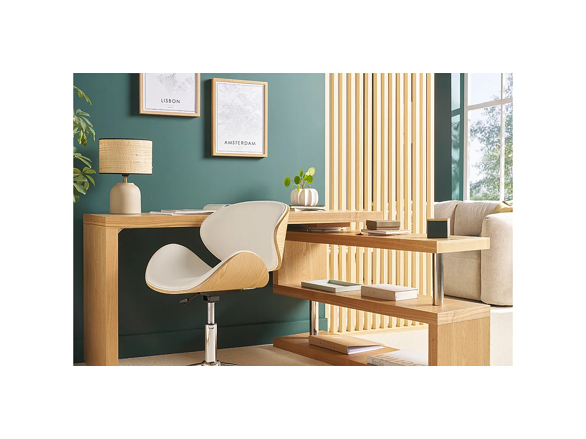 Silla de escritorio diseño PU blanco y madera clara WALNUT