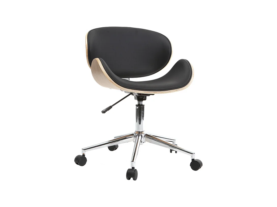 Chaise de bureau à roulettes design noir, bois clair et acier chromé WALNUT