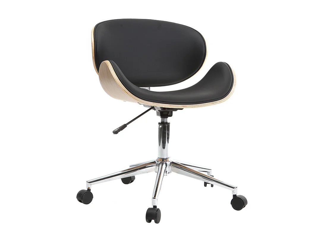 Chaise de bureau à roulettes design noir, bois clair et acier chromé WALNUT