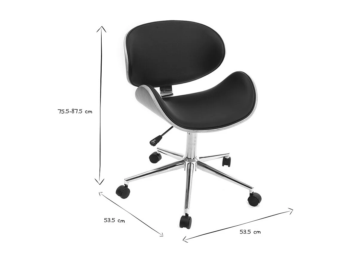 Chaise de bureau à roulettes design noir, bois clair et acier chromé WALNUT