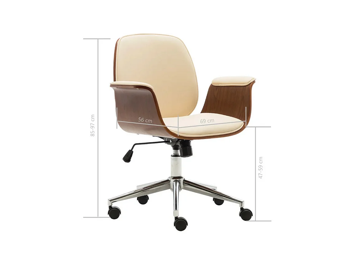 Chaise de bureau simili cuir beige et bois courbé foncé Cine