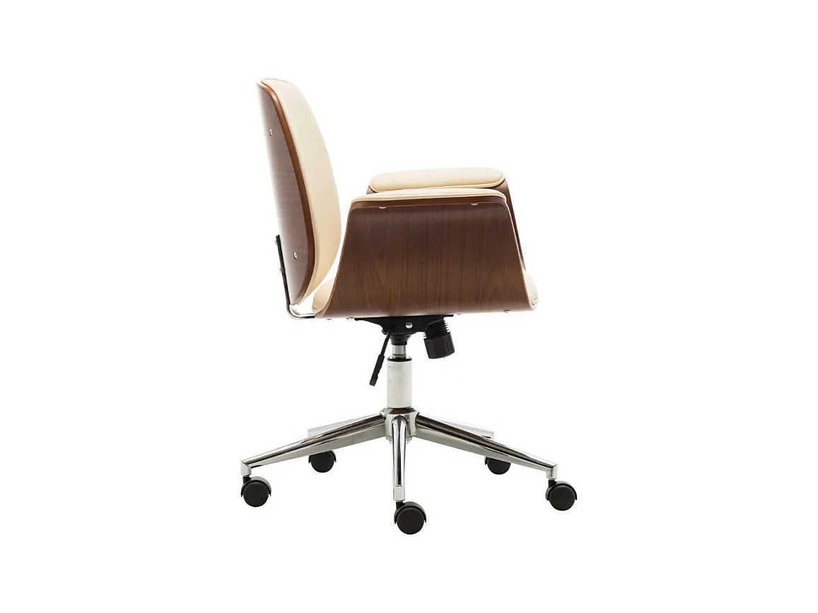 Chaise de bureau simili cuir beige et bois courbé foncé Cine