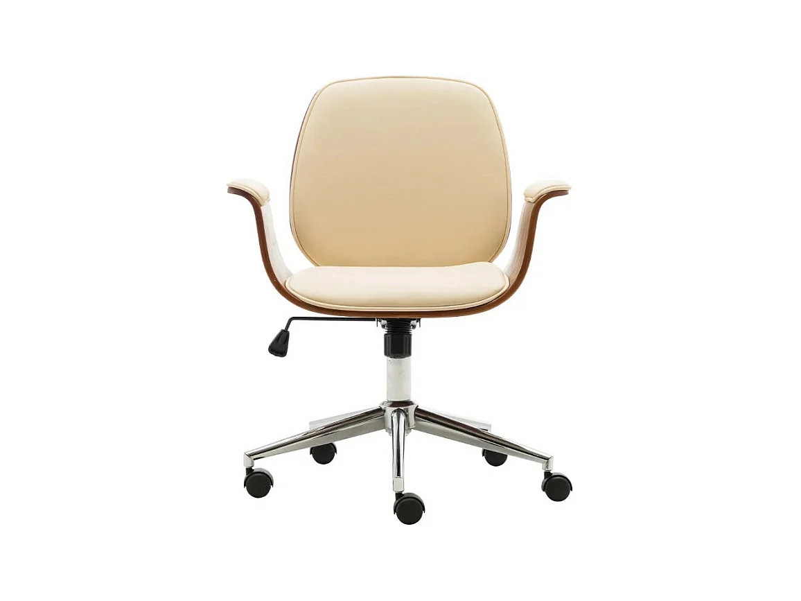 Chaise de bureau simili cuir beige et bois courbé foncé Cine