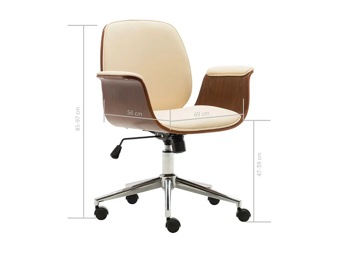 Chaise de bureau simili cuir beige et bois courbé foncé Cine