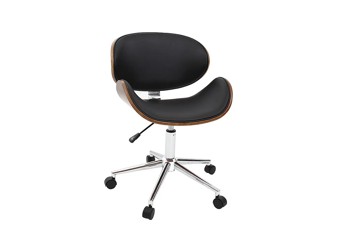 Chaise de bureau à roulettes design noir, bois foncé noyer et acier chromé WALNUT