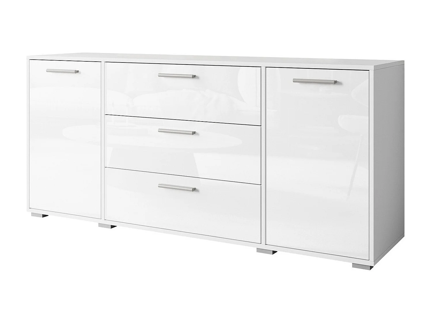 Cómoda Sarasota 174, Blanco|Blanco brillante, Con cajones y puertas, 68x150x40cm