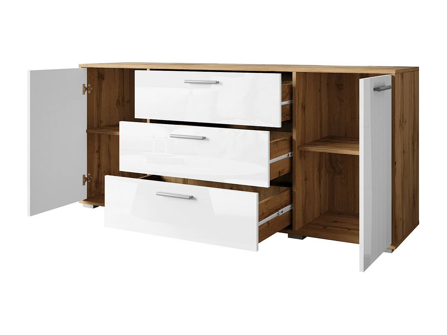 Cómoda Sarasota 174, Blanco|Blanco brillante, Con cajones y puertas, 68x150x40cm