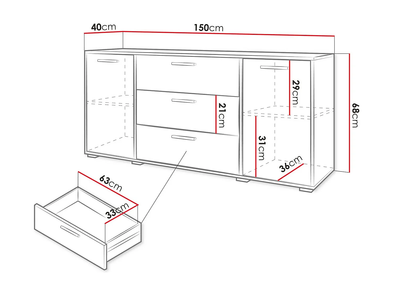 Cómoda Sarasota 174, Blanco|Blanco brillante, Con cajones y puertas, 68x150x40cm
