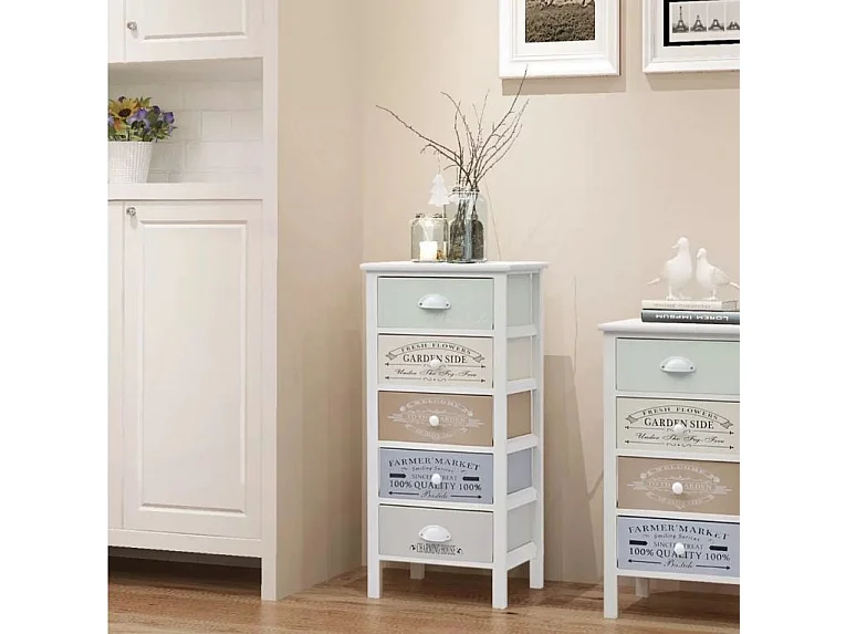 Chiffonnier 5 tiroirs bois paulownia massif blanc Frenchy