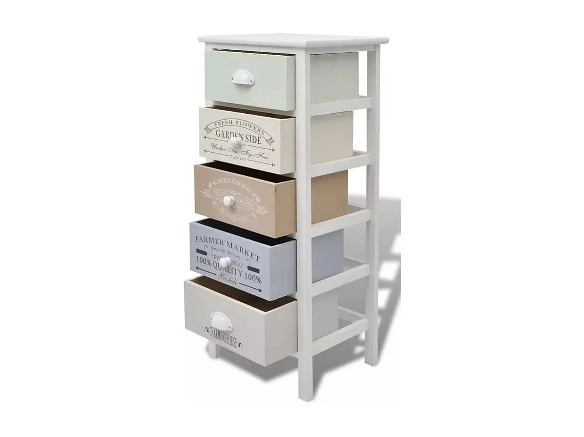 Chiffonnier 5 tiroirs bois paulownia massif blanc Frenchy