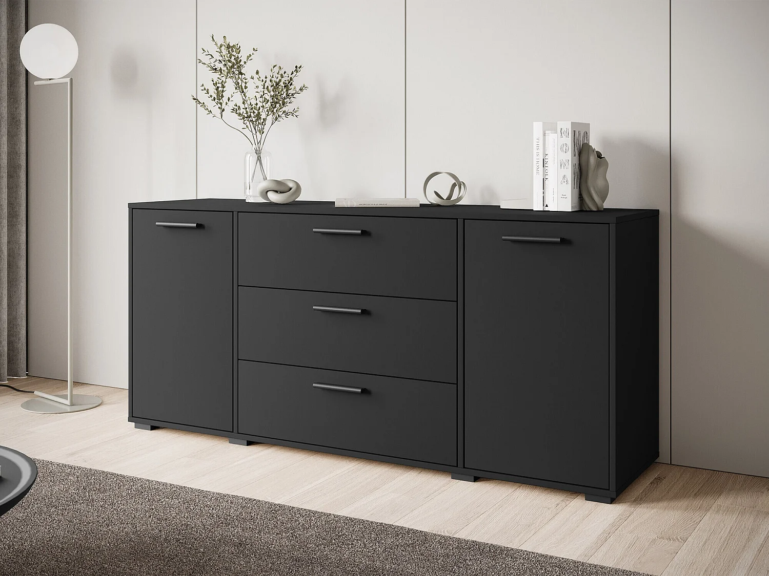 Commode Sarasota 174, Graphite, Avec tiroirs et portes, 68x150x40cm