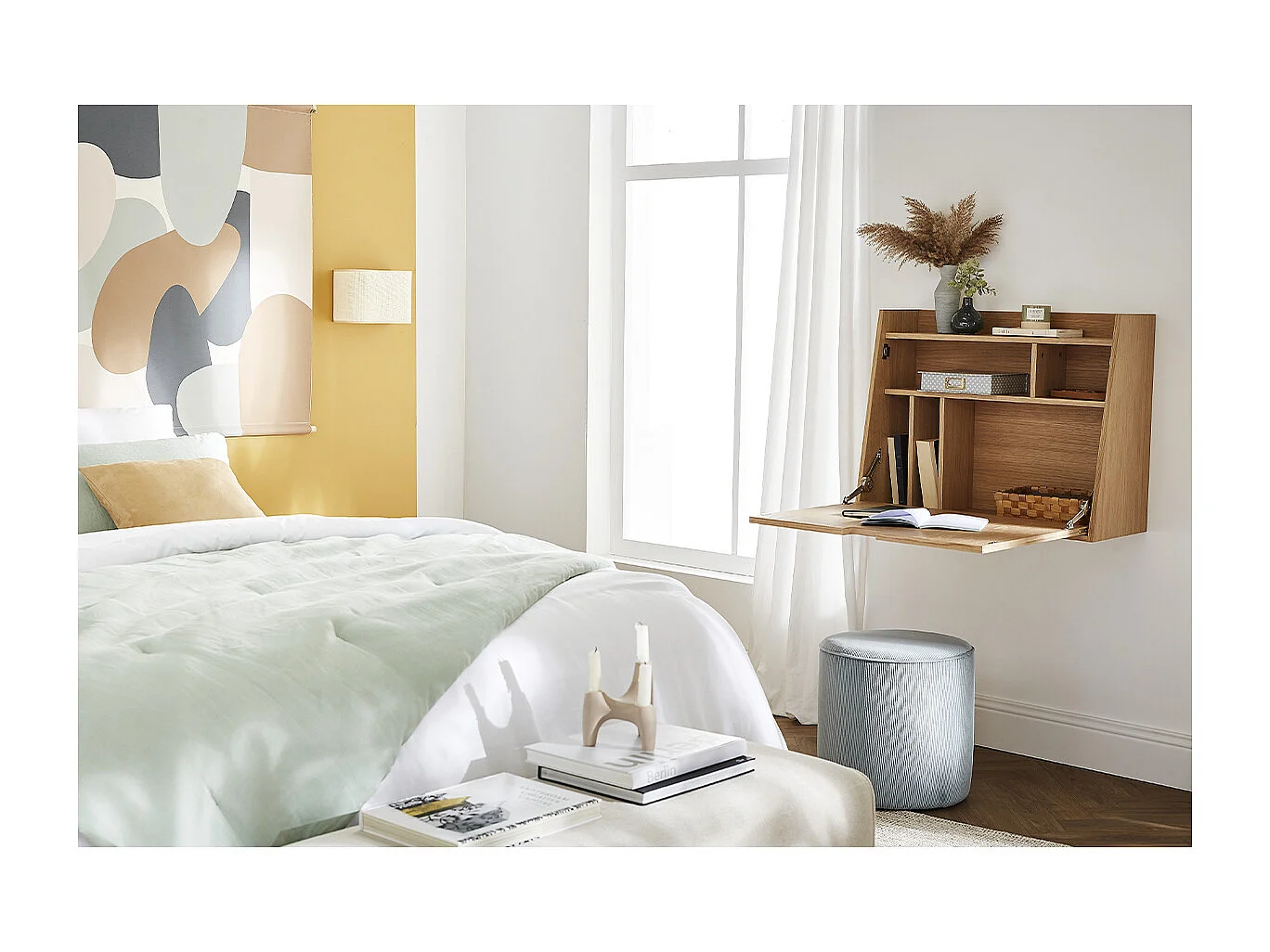 Escritorio de pared vintage de roble con cajonera 78 cm GABIN