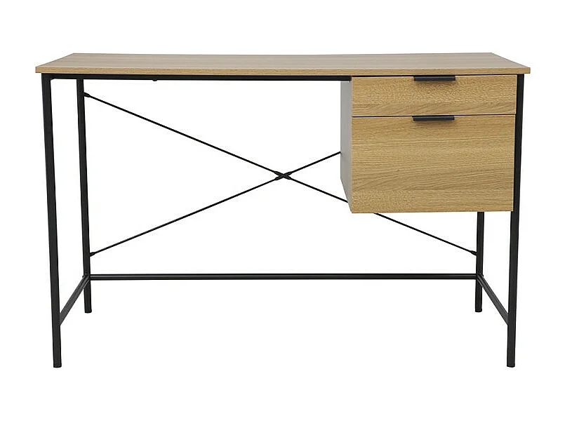 Bureau droit style industriel 2 tiroirs bois naturel et métal noir Linta 120cm