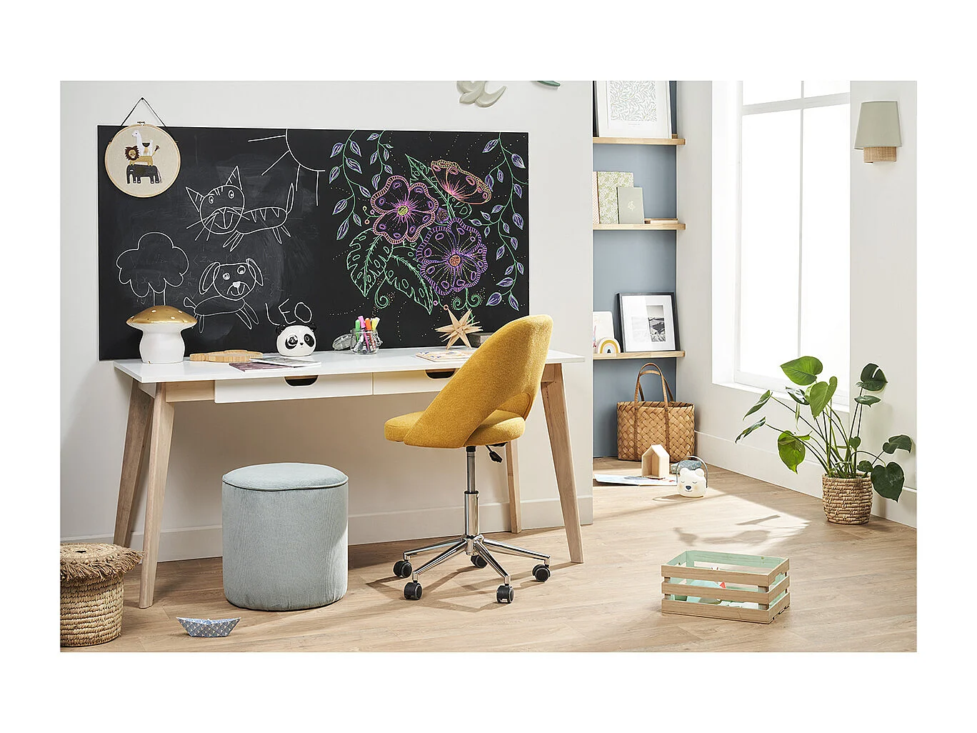 Escritorio nórdico con cajones madera y blanco L160 LEENA