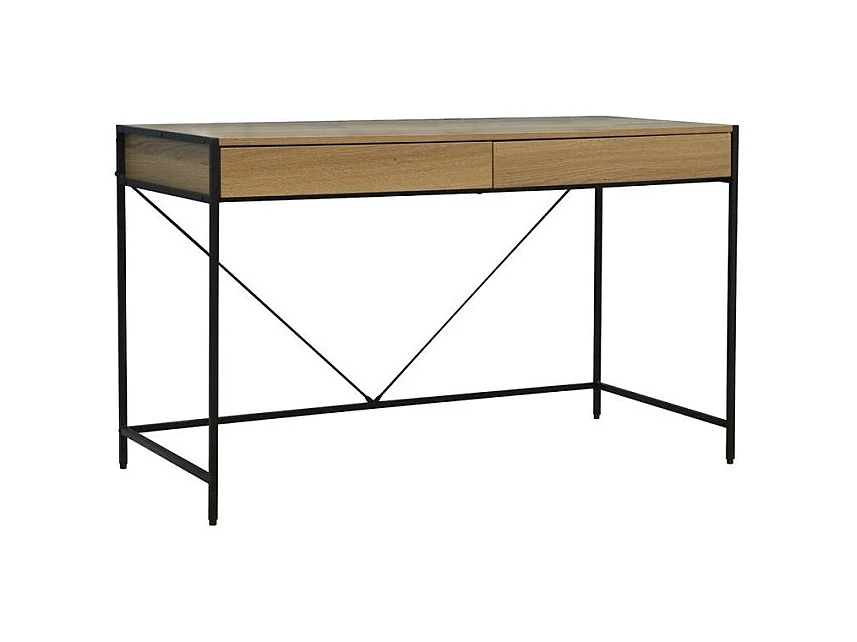 Escritorio recto con 2 cajones estilo industrial en madera clara y metal negro Marka 123 cm