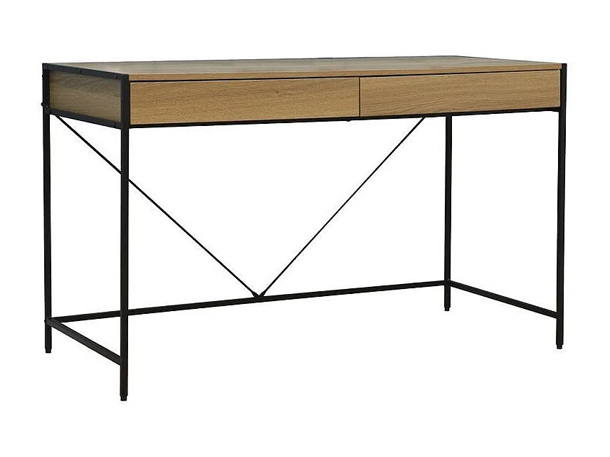 Escritorio recto con 2 cajones estilo industrial en madera clara y metal negro Marka 123 cm