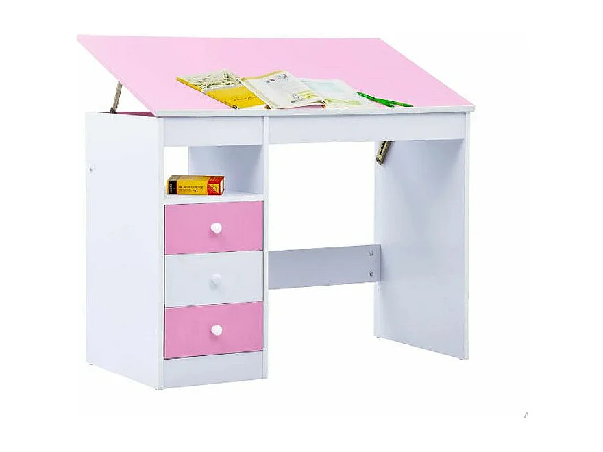 Bureau enfant inclinable 3 tiroirs bois rose et blanc Sunny