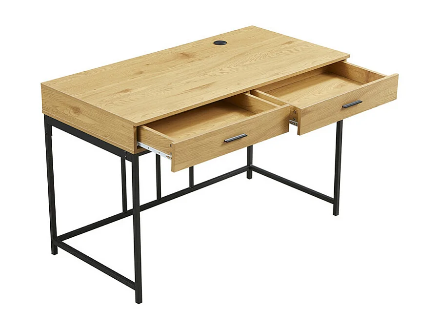 Bureau droit style industriel 2 tiroirs bois naturel et métal noir Vinta 120cm