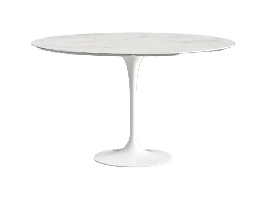 Table tulipe ronde en marbre-Plateau Marbre blanc Carrara-Diamètre 150 cm-Piètement Blanc mat