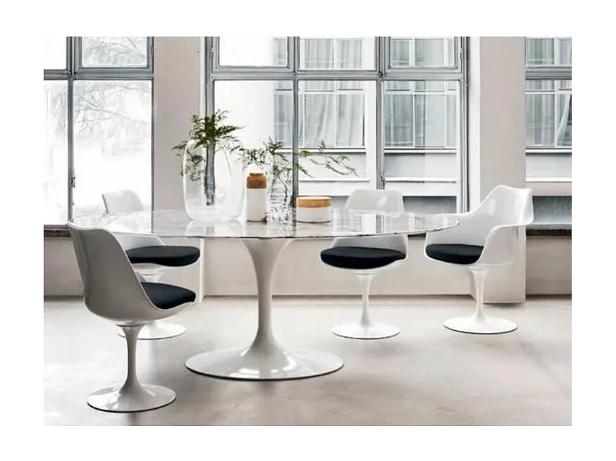 Table tulipe ronde en marbre-Plateau Marbre blanc Carrara-Diamètre 100 cm-Piètement Blanc brillant