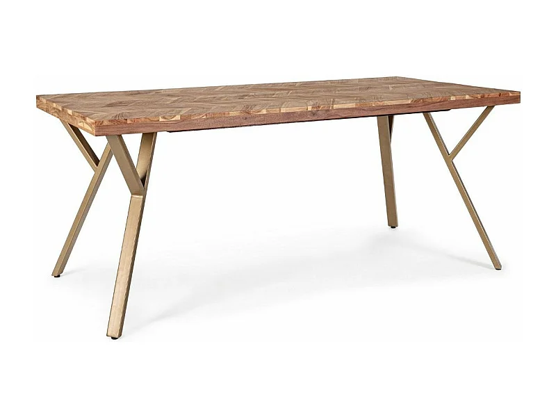 Table à manger plateau bois d'acacia et pieds acier doré mat Dinka 220cm