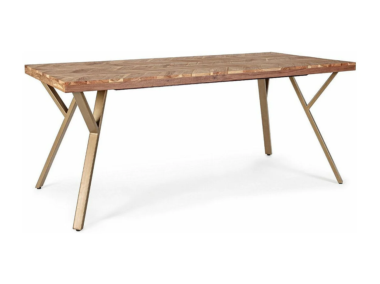 Table à manger plateau bois d'acacia et pieds acier doré mat Dinka 220cm