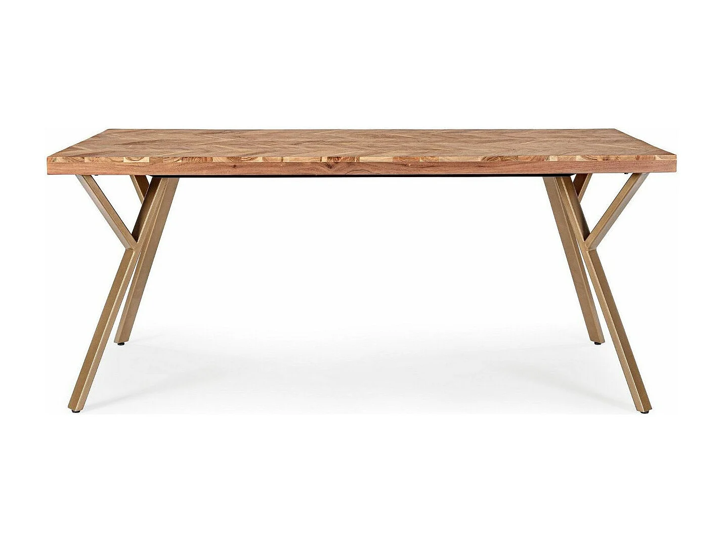 Table à manger plateau bois d'acacia et pieds acier doré mat Dinka 220cm