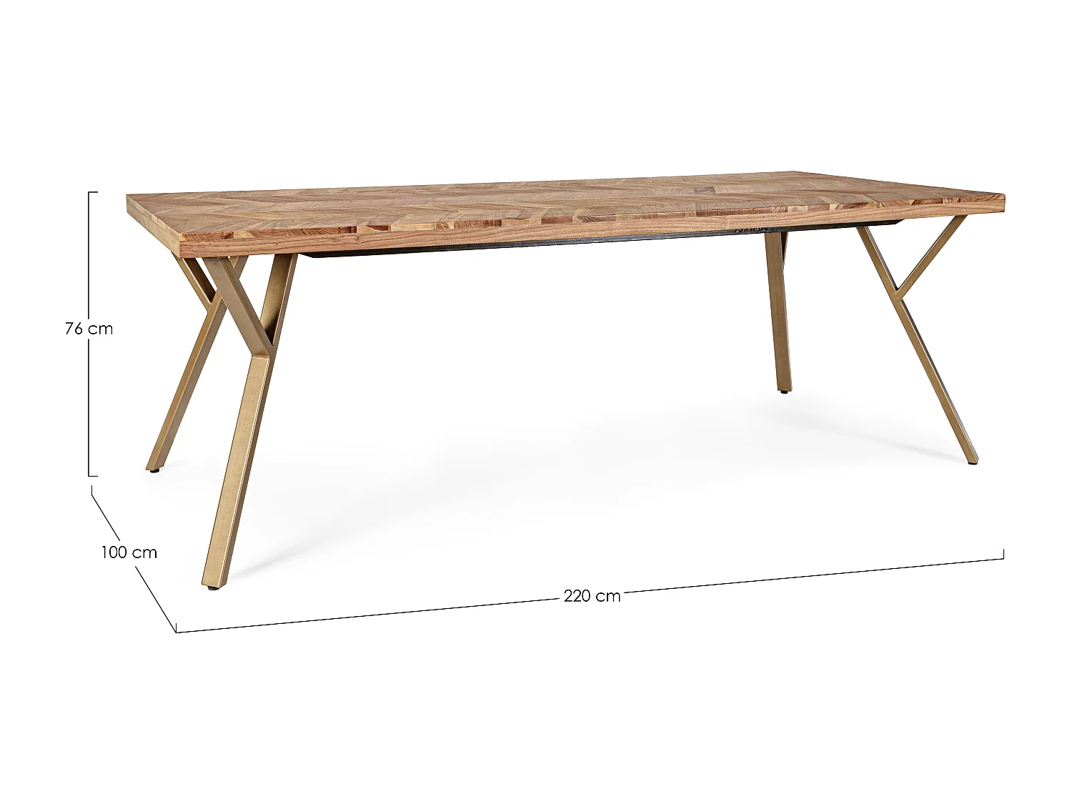 Table à manger plateau bois d'acacia et pieds acier doré mat Dinka 220cm