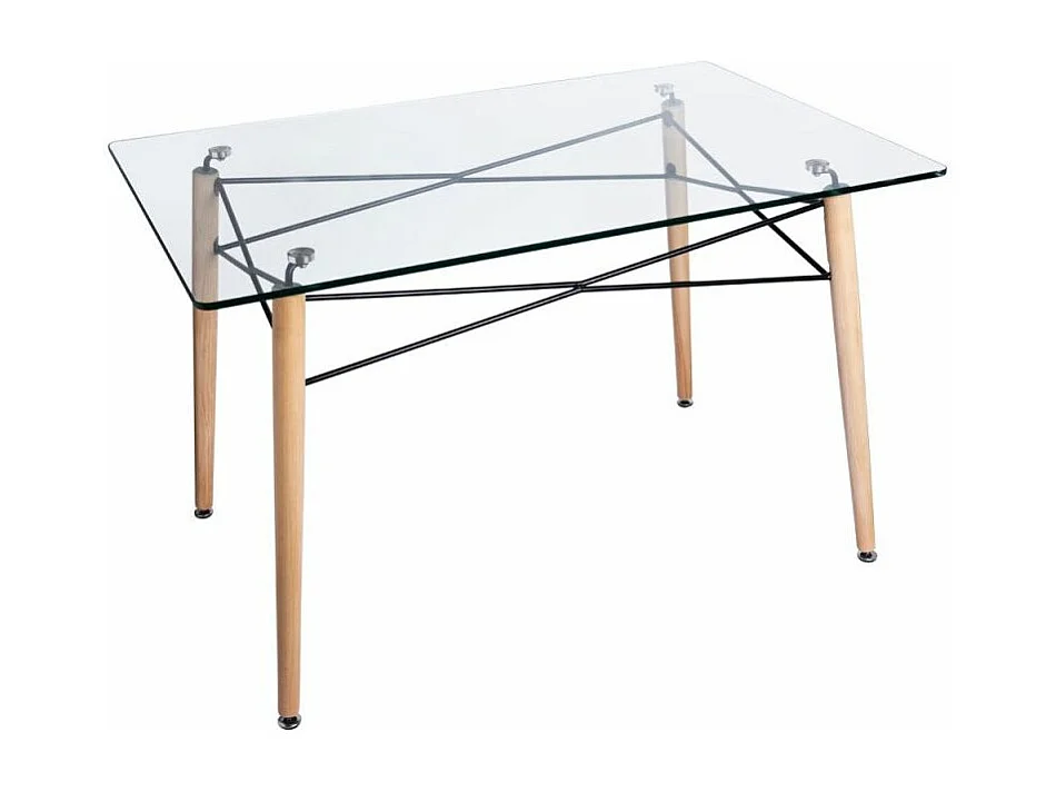 Mesa rectangular escandinava con cristal templado y patas de madera clara Bristol 120 cm