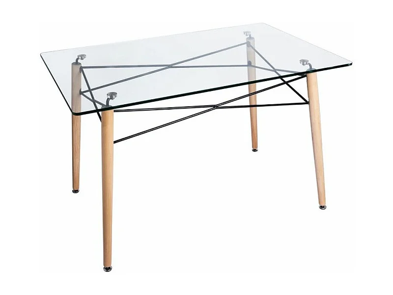 Table rectangulaire scandinave verre trempé et pieds bois clair Bristol 120cm