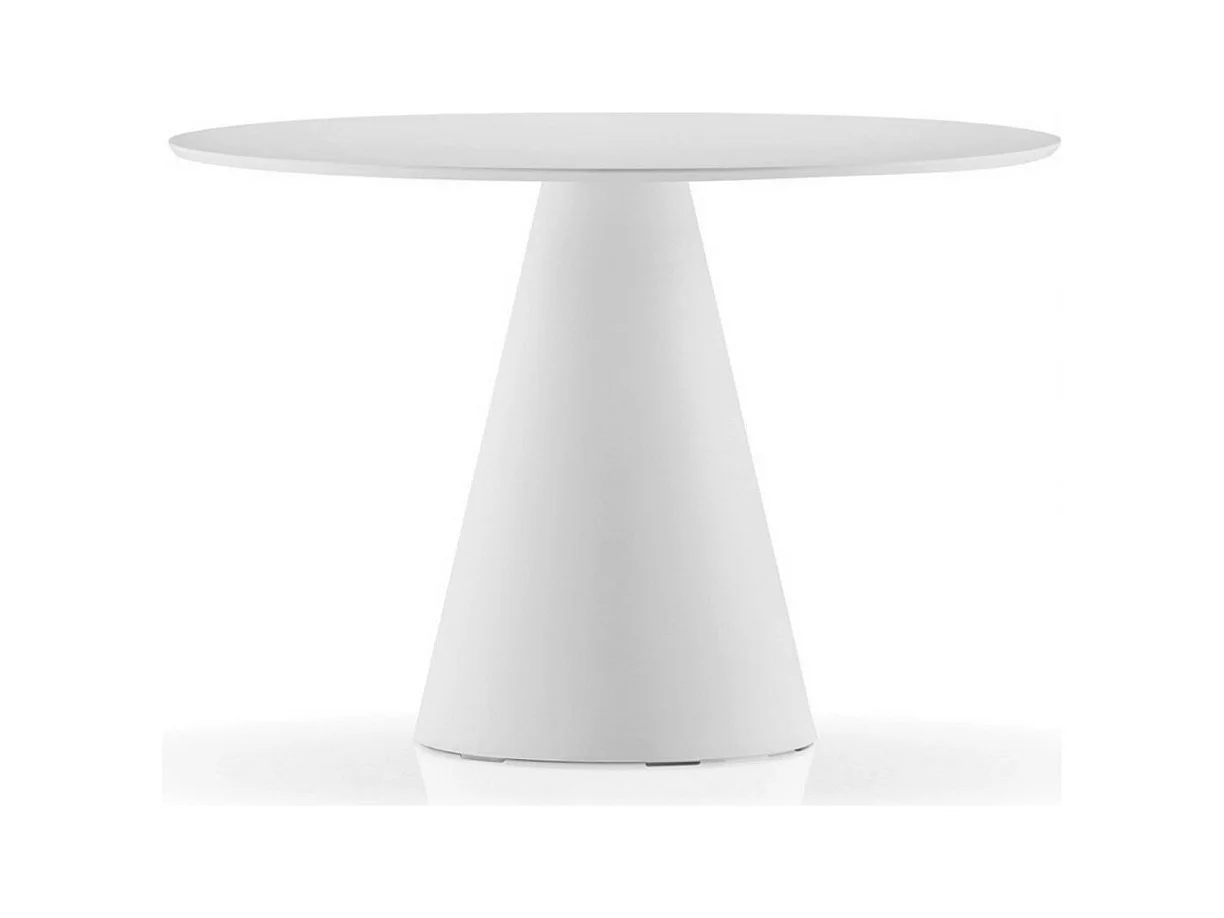 Table à manger ronde blanche polyéthylène et plateau bois blanc Kizola-Diamètre 130 cm