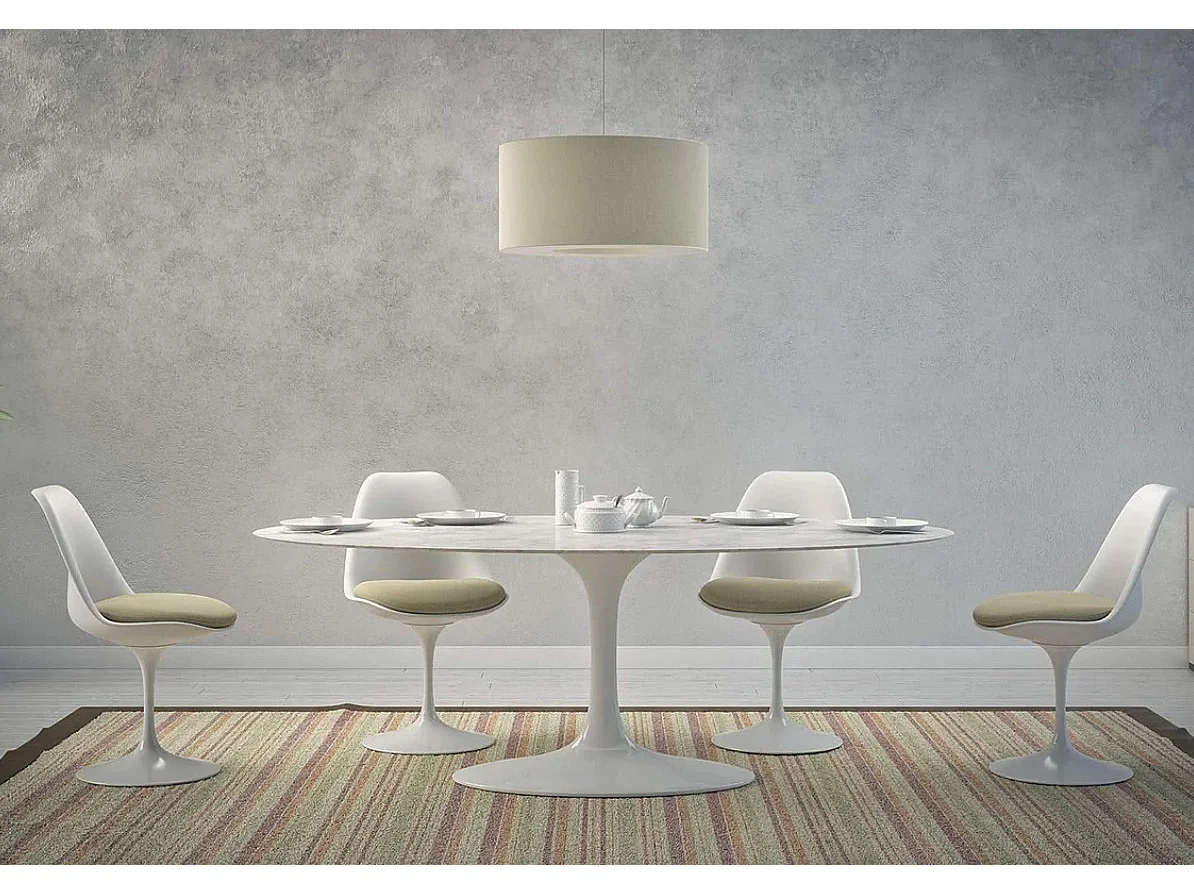 Table tulipe ronde en marbre-Plateau Marbre blanc Carrara-Diamètre 130 cm-Piètement Blanc brillant