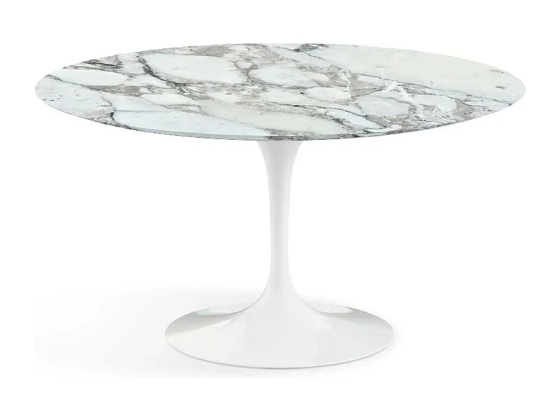 Table tulipe ronde en marbre-Plateau Marbre Arabescato-Diamètre 90 cm-Piètement Blanc mat