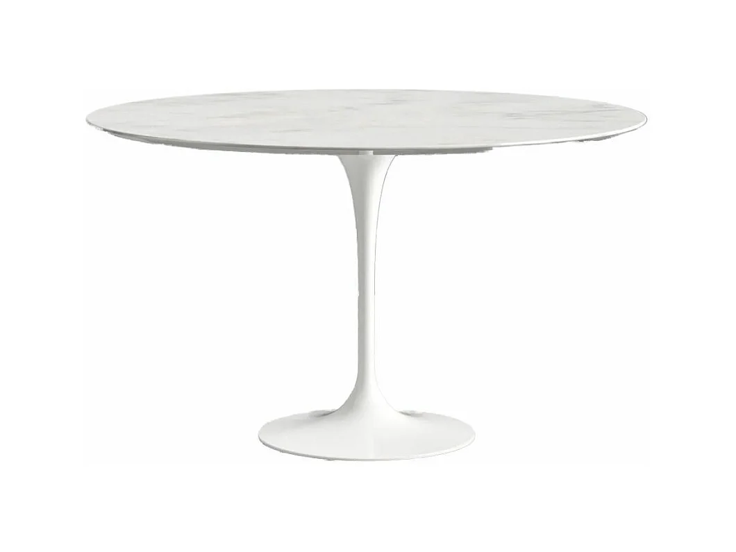 Table tulipe ronde en marbre-Plateau Marbre Arabescato-Diamètre 90 cm-Piètement Blanc mat