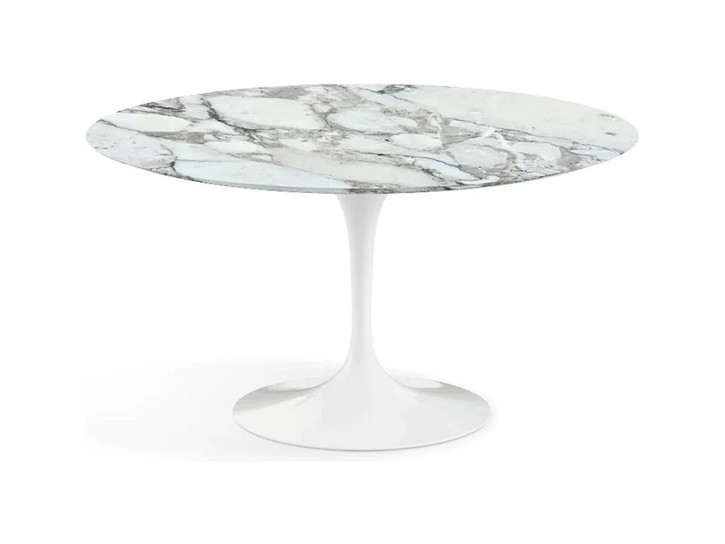 Table tulipe ronde en marbre-Plateau Marbre Arabescato-Diamètre 90 cm-Piètement Blanc mat