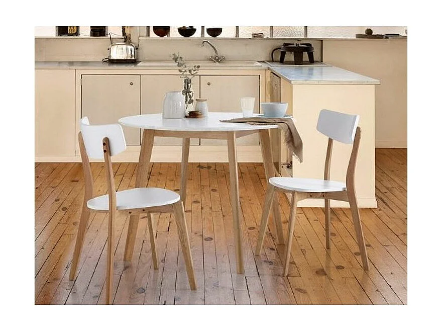 Table à manger ronde bois d'hévéa avec placage chêne et pieds laqué blanc Askin 100cm