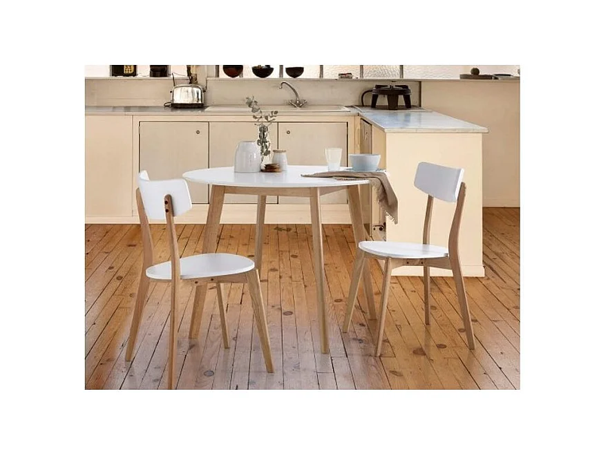Table à manger ronde bois d'hévéa avec placage chêne et pieds laqué blanc Askin 100cm