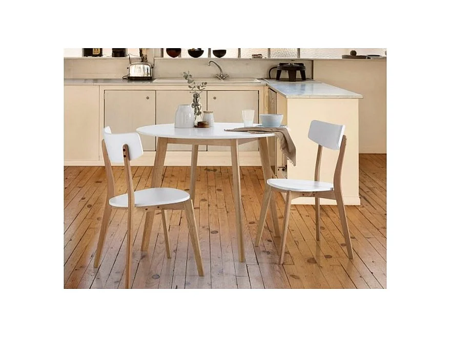 Table à manger ronde bois d'hévéa avec placage chêne et pieds laqué blanc Askin 100cm