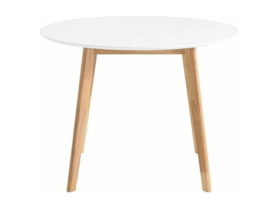 Table à manger ronde bois d'hévéa avec placage chêne et pieds laqué blanc Askin 100cm