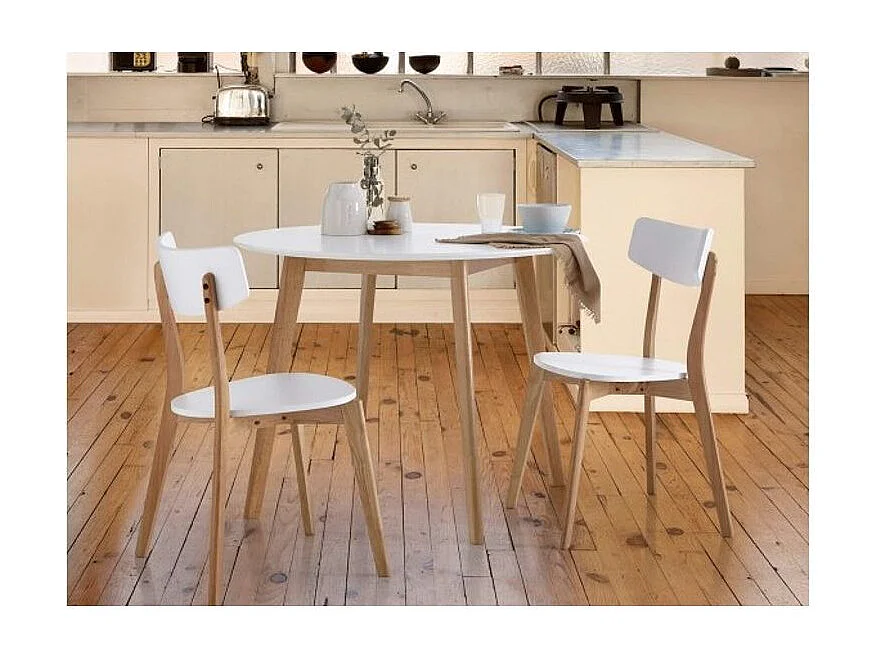 Table à manger ronde bois d'hévéa avec placage chêne et pieds laqué blanc Askin 100cm