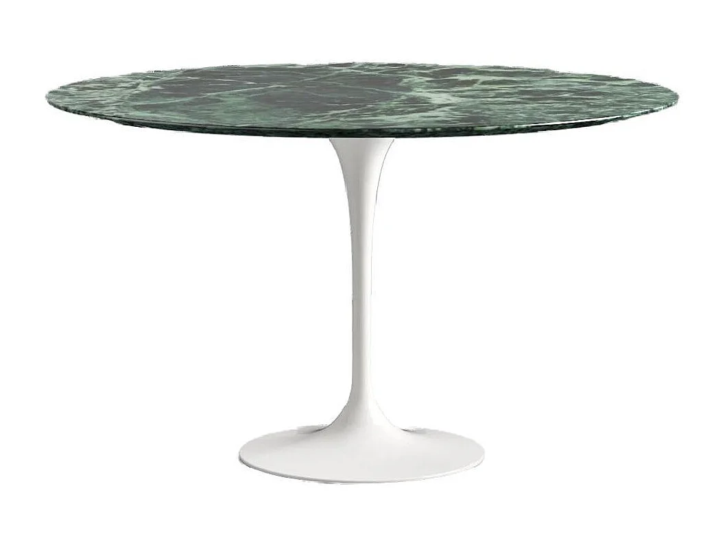 Table ronde TULIPE plateau en marbre - Collection-Plateau Marbre verde alpi-Diamètre 140 cm-Piètement Blanc brillant