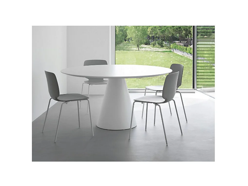 Table à manger ronde blanche polyéthylène et plateau bois blanc Kizola-Diamètre 150 cm