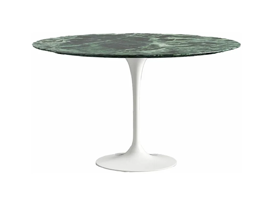 Table tulipe ronde en marbre-Plateau Marbre verde alpi-Diamètre 150 cm-Piètement Blanc brillant