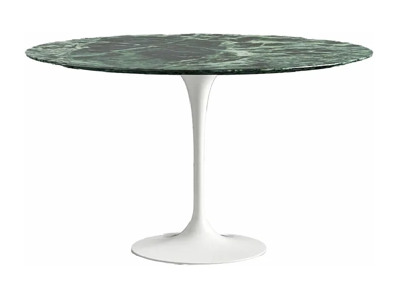 Table tulipe ronde en marbre-Plateau Marbre verde alpi-Diamètre 150 cm-Piètement Blanc brillant