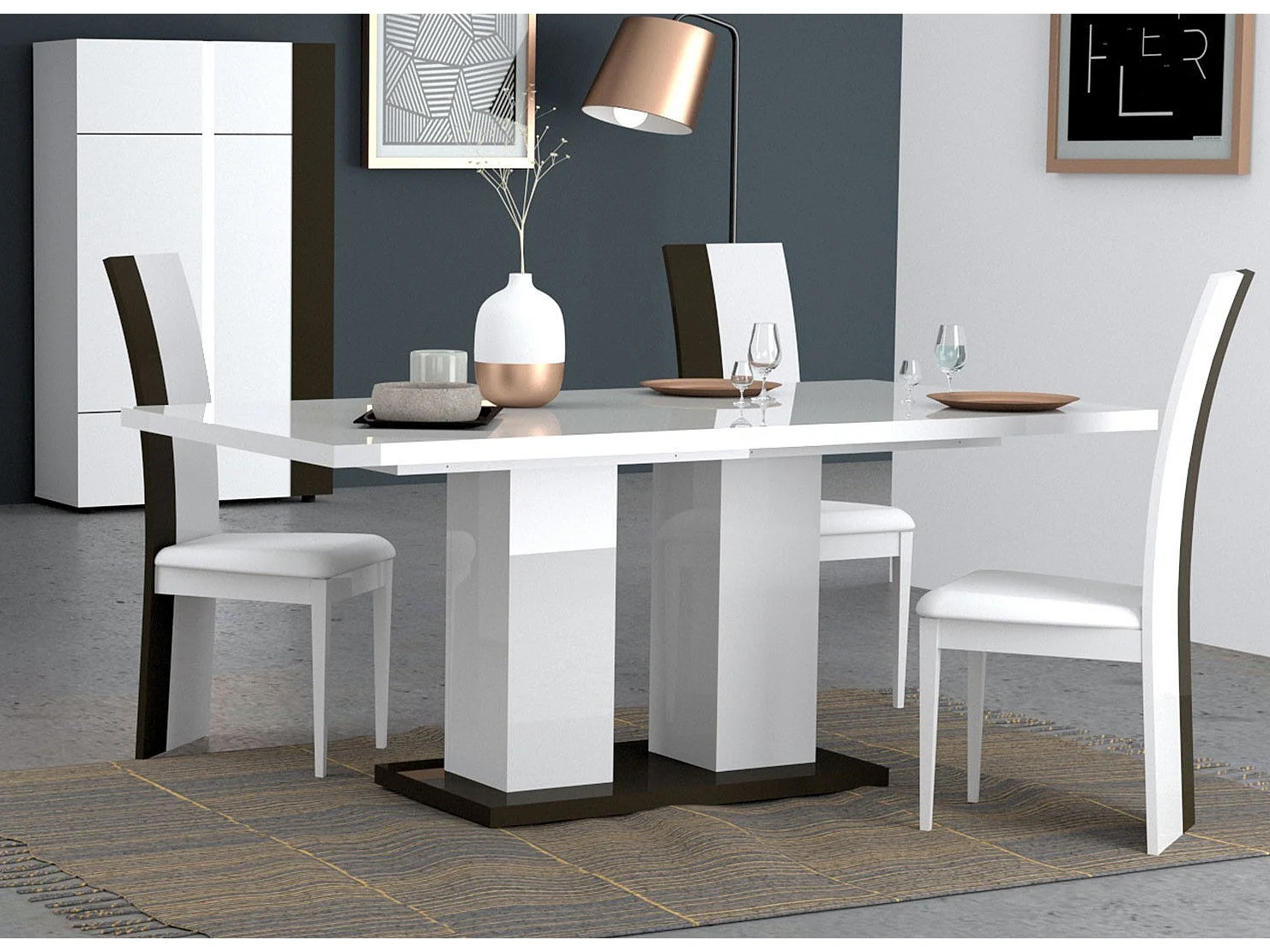 Table rectangulaire bois laqué blanc et noir Koyd 180cm