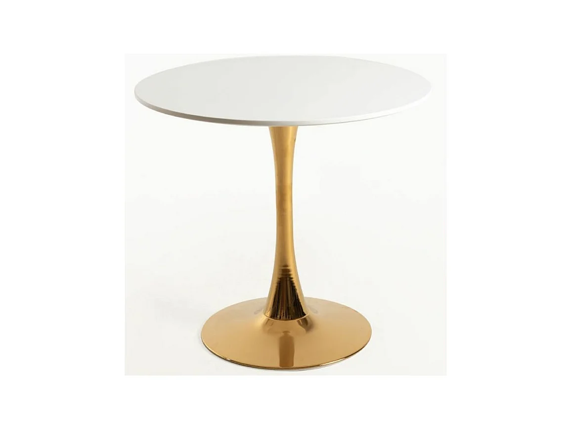Table ronde moderne bois blanc et pied métal doré Tulipa 80cm